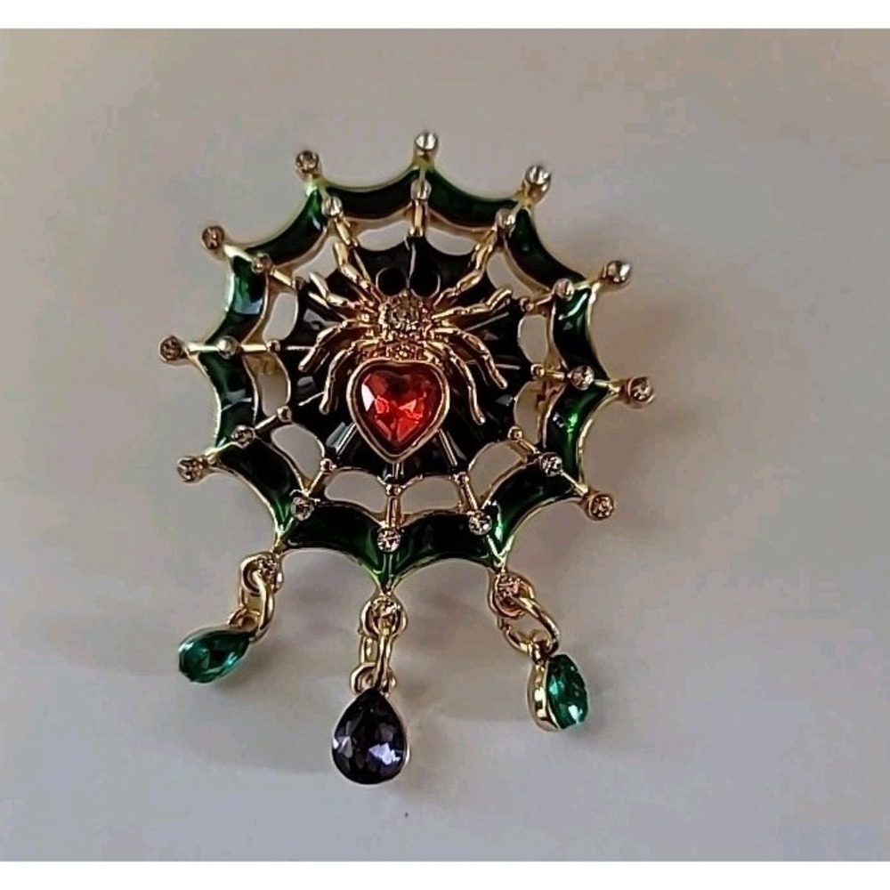 Sparkly Spider On His Web Rhinestones Enamel‎ Gold Tone Dangles Brooch Halloween